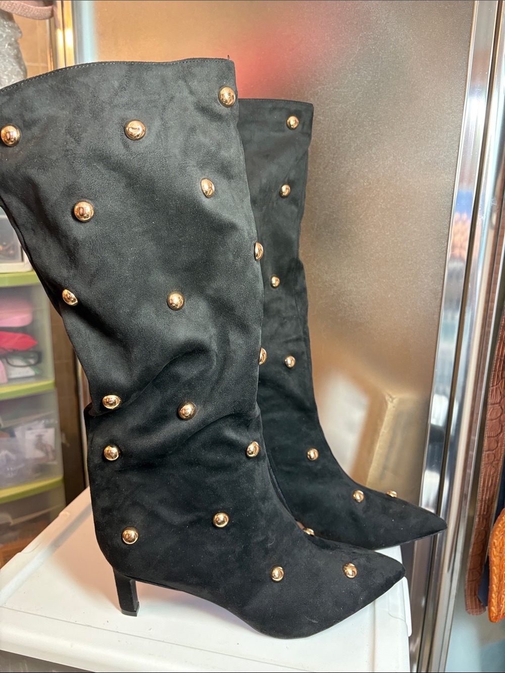 A New Day Black Suede Studded Mid-Calf Heeled Boots